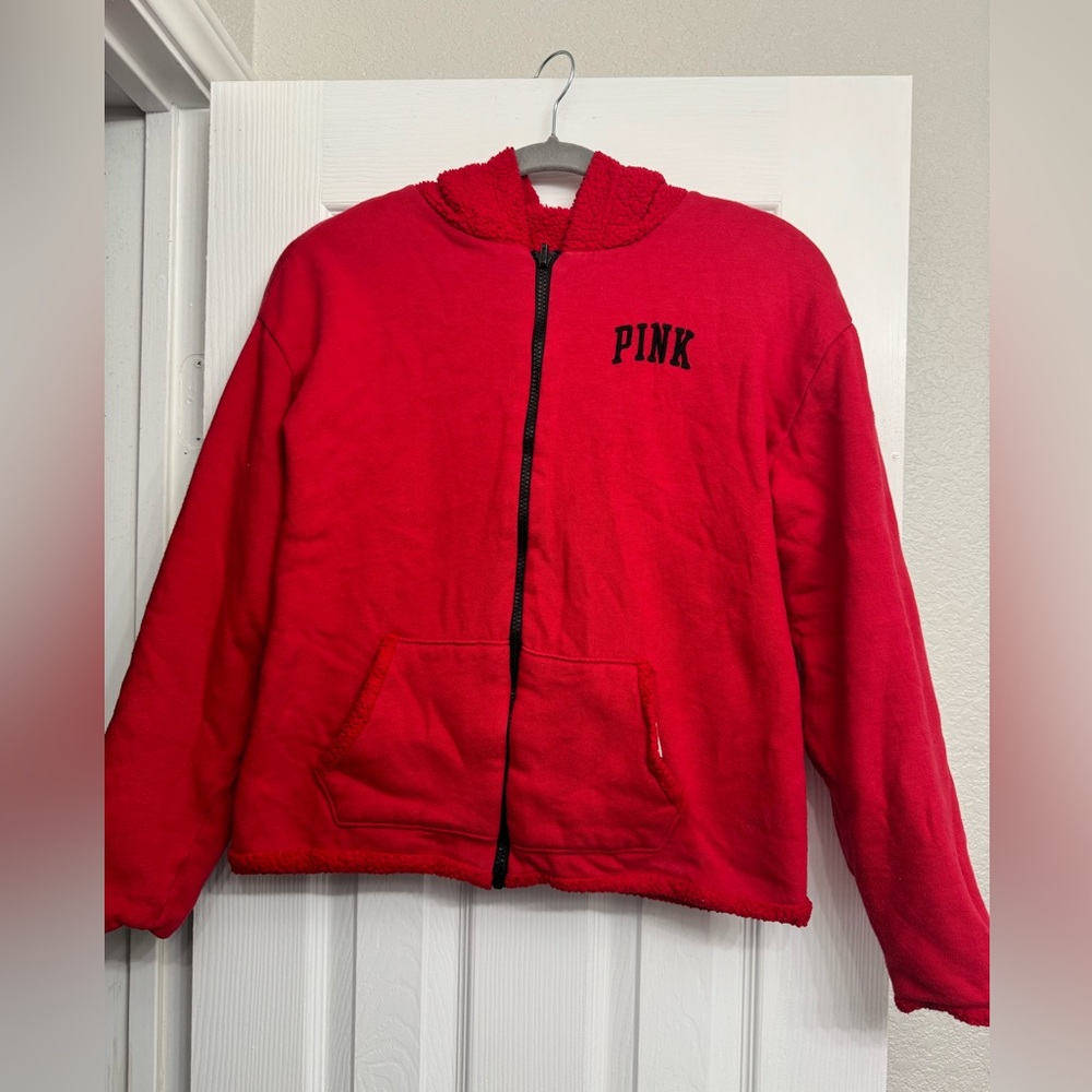 Red Womens size Small zip up hoodie by PINK polyester lining inside comfy!